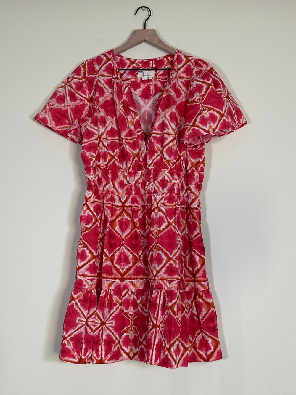 Anthropologie Somerset Mini Dress XL Pink Red Geometric Print Flutter Sleeve